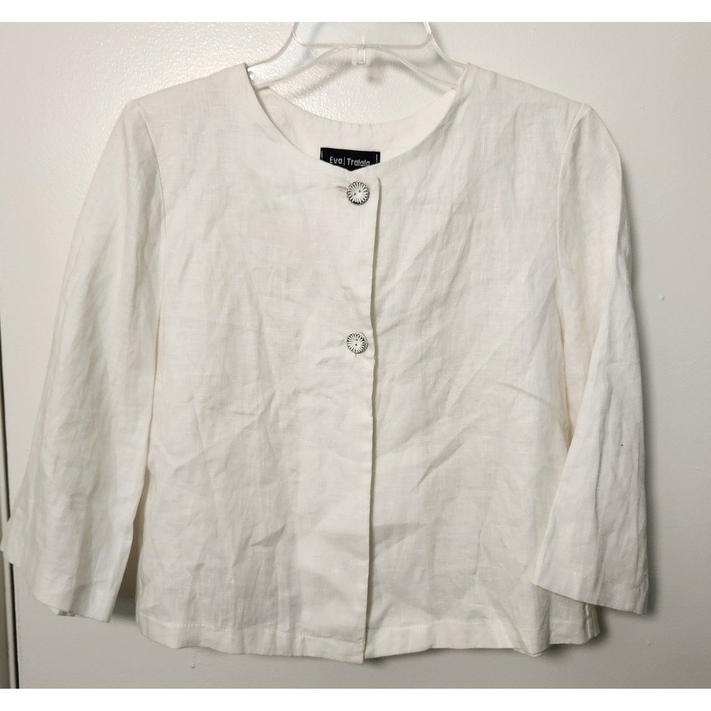 Eva Tralala White Linen French Crop Jacket Top‎ 3/4 Sleeve Bow Pleated Paris Sm
